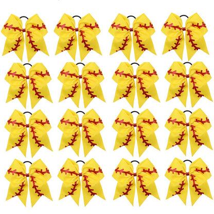 16PCS 8" Large Cheer Hair Bows Ponytail Holder Elastic Band Handmade for Cheerleading Teen Girls College Sports (16 Pcs) (Baseball Yellow)