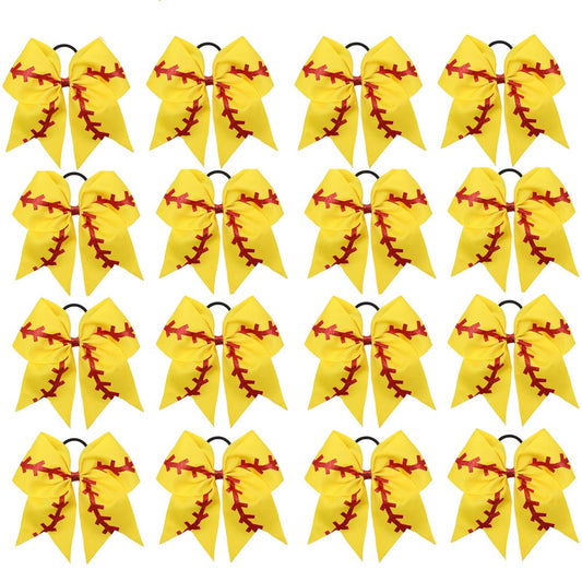 16PCS 8" Large Cheer Hair Bows Ponytail Holder Elastic Band Handmade for Cheerleading Teen Girls College Sports (16 Pcs) (Baseball Yellow)