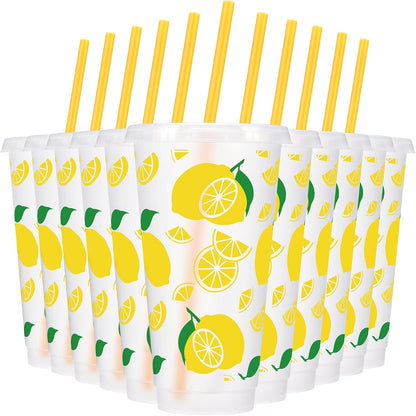 12 Pcs Lemon Plastic Cups for Summer Hawaii Party Supplies 24 oz Reusable Clear Glitter Fruit Cup with Lids and Straws Fresh Drinking Juice Cup for Lemon Party Supplies Decor Wedding Holiday