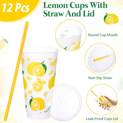 12 Pcs Lemon Plastic Cups for Summer Hawaii Party Supplies 24 oz Reusable Clear Glitter Fruit Cup with Lids and Straws Fresh Drinking Juice Cup for Lemon Party Supplies Decor Wedding Holiday