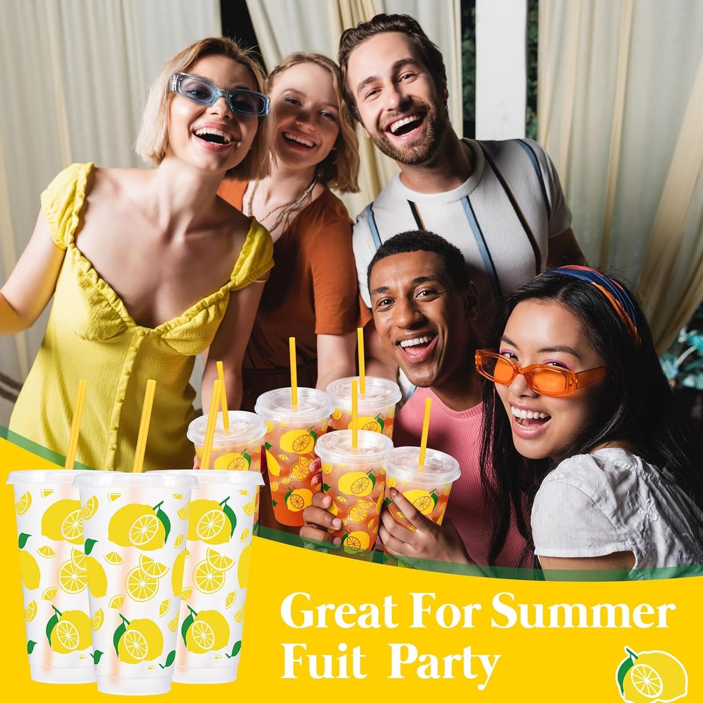 12 Pcs Lemon Plastic Cups for Summer Hawaii Party Supplies 24 oz Reusable Clear Glitter Fruit Cup with Lids and Straws Fresh Drinking Juice Cup for Lemon Party Supplies Decor Wedding Holiday