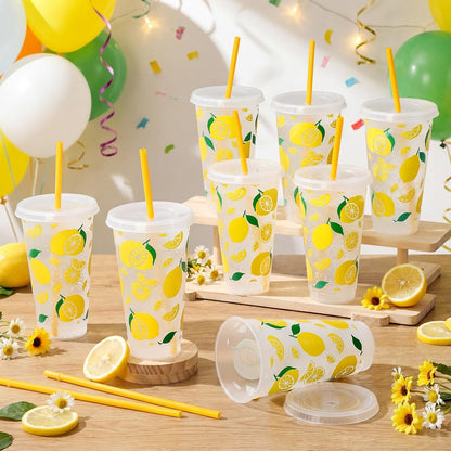 12 Pcs Lemon Plastic Cups for Summer Hawaii Party Supplies 24 oz Reusable Clear Glitter Fruit Cup with Lids and Straws Fresh Drinking Juice Cup for Lemon Party Supplies Decor Wedding Holiday