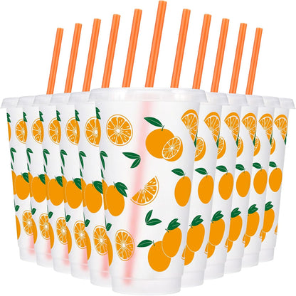 12 Pcs Lemon Plastic Cups for Summer Hawaii Party Supplies 24 oz Reusable Clear Glitter Fruit Cup with Lids and Straws Fresh Drinking Juice Cup for Lemon Party Supplies Decor Wedding Holiday