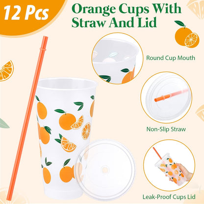 12 Pcs Lemon Plastic Cups for Summer Hawaii Party Supplies 24 oz Reusable Clear Glitter Fruit Cup with Lids and Straws Fresh Drinking Juice Cup for Lemon Party Supplies Decor Wedding Holiday