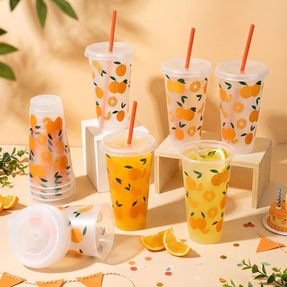 12 Pcs Lemon Plastic Cups for Summer Hawaii Party Supplies 24 oz Reusable Clear Glitter Fruit Cup with Lids and Straws Fresh Drinking Juice Cup for Lemon Party Supplies Decor Wedding Holiday