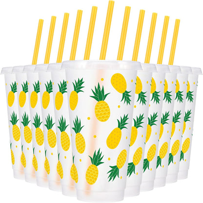 12 Pcs Lemon Plastic Cups for Summer Hawaii Party Supplies 24 oz Reusable Clear Glitter Fruit Cup with Lids and Straws Fresh Drinking Juice Cup for Lemon Party Supplies Decor Wedding Holiday