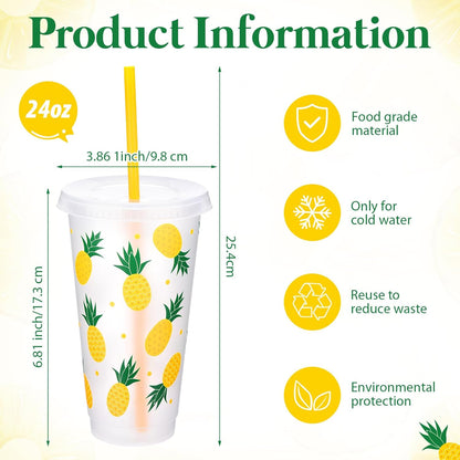 12 Pcs Lemon Plastic Cups for Summer Hawaii Party Supplies 24 oz Reusable Clear Glitter Fruit Cup with Lids and Straws Fresh Drinking Juice Cup for Lemon Party Supplies Decor Wedding Holiday
