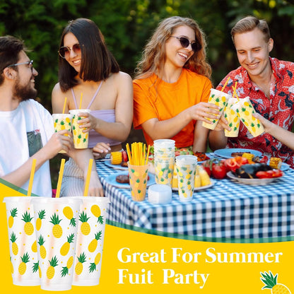 12 Pcs Lemon Plastic Cups for Summer Hawaii Party Supplies 24 oz Reusable Clear Glitter Fruit Cup with Lids and Straws Fresh Drinking Juice Cup for Lemon Party Supplies Decor Wedding Holiday
