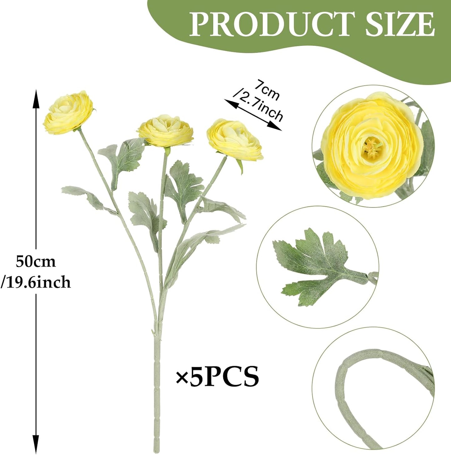 Yellow Ranunculus Flowers 5PCS Artificial Peonies for Home Decor | 19.6" Faux Ranunculus Flowers Real Touch Persian buttercup Stems for Wedding Bouquet Bridal Shower Home Table Centerpiece