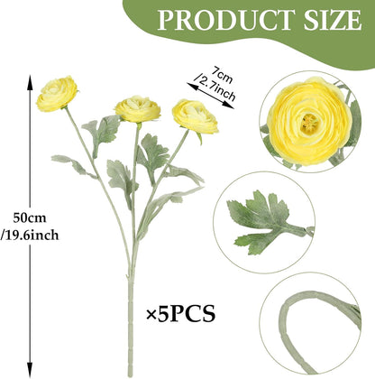 Yellow Ranunculus Flowers 5PCS Artificial Peonies for Home Decor | 19.6" Faux Ranunculus Flowers Real Touch Persian buttercup Stems for Wedding Bouquet Bridal Shower Home Table Centerpiece