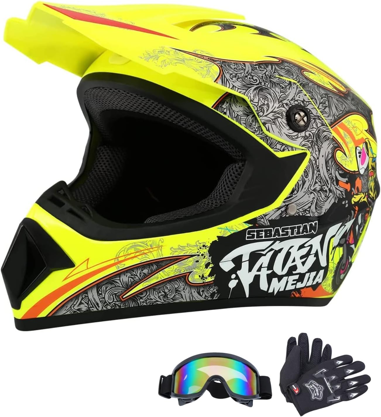 Motocross Helmet ATV Dirt Bike Helmets Off-Road Helmet with Gloves Goggles for Unisex Adult Youth DOT/FMVSS 218 Approved (Large, Yellow)