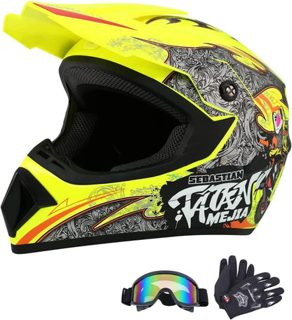 Motocross Helmet ATV Dirt Bike Helmets Off-Road Helmet with Gloves Goggles for Unisex Adult Youth DOT/FMVSS 218 Approved (Large, Yellow)