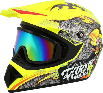 Motocross Helmet ATV Dirt Bike Helmets Off-Road Helmet with Gloves Goggles for Unisex Adult Youth DOT/FMVSS 218 Approved (Large, Yellow)
