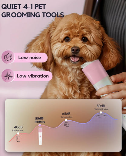 4 in 1 Rechargeable Dog Clippers Grooming Kit with 2 Speeds and Low Noise | Quiet Cordless Dog Hair Trimmer for Paw Nail Grinder, Cat Grooming Clippers for Trimming Hair on Paw Eye Ear Face (Pink)