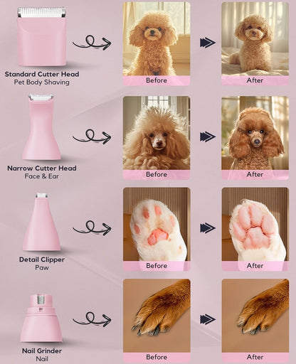4 in 1 Rechargeable Dog Clippers Grooming Kit with 2 Speeds and Low Noise | Quiet Cordless Dog Hair Trimmer for Paw Nail Grinder, Cat Grooming Clippers for Trimming Hair on Paw Eye Ear Face (Pink)