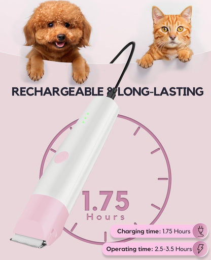 4 in 1 Rechargeable Dog Clippers Grooming Kit with 2 Speeds and Low Noise | Quiet Cordless Dog Hair Trimmer for Paw Nail Grinder, Cat Grooming Clippers for Trimming Hair on Paw Eye Ear Face (Pink)