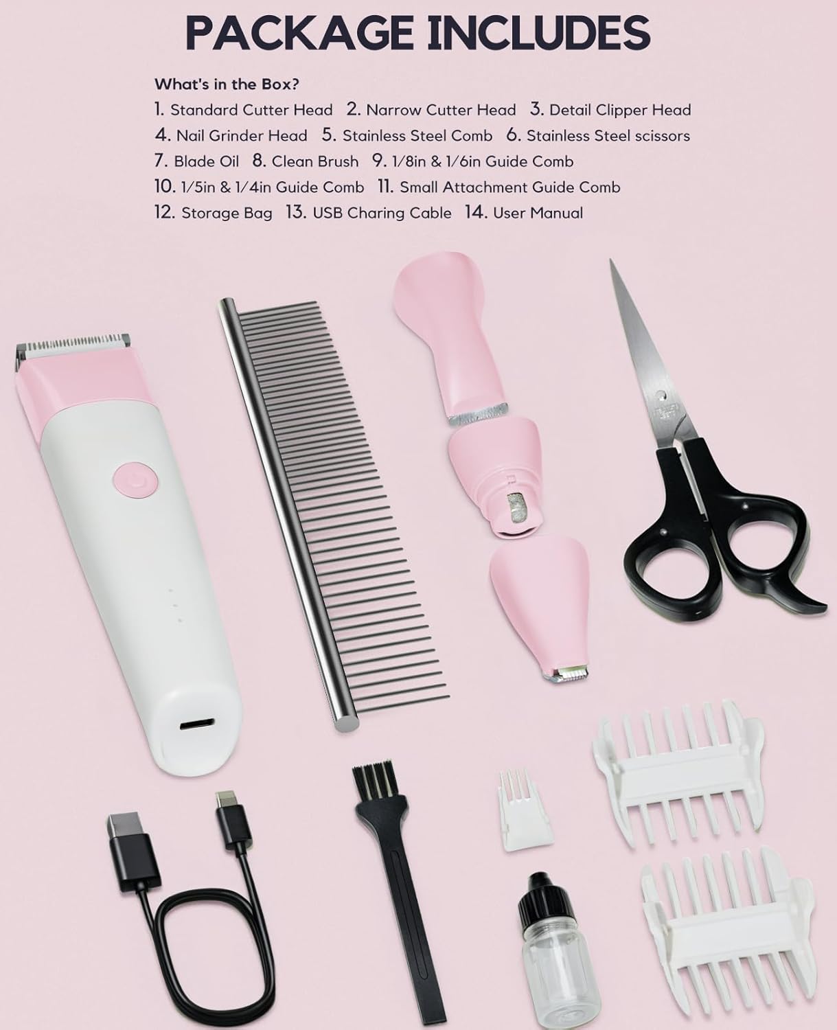 4 in 1 Rechargeable Dog Clippers Grooming Kit with 2 Speeds and Low Noise | Quiet Cordless Dog Hair Trimmer for Paw Nail Grinder, Cat Grooming Clippers for Trimming Hair on Paw Eye Ear Face (Pink)