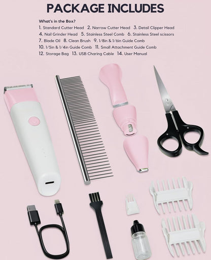 4 in 1 Rechargeable Dog Clippers Grooming Kit with 2 Speeds and Low Noise | Quiet Cordless Dog Hair Trimmer for Paw Nail Grinder, Cat Grooming Clippers for Trimming Hair on Paw Eye Ear Face (Pink)