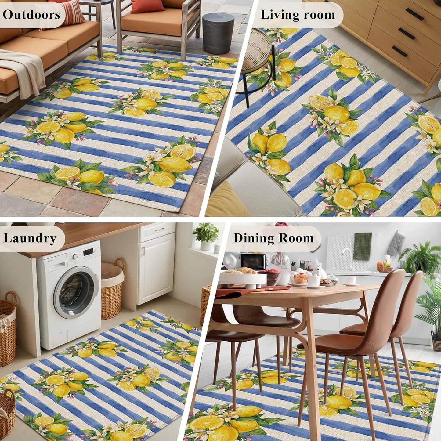 Summer Lemon Area Rug 3x5, Summer Lemon Floral Blue Stripes Linen Texture Non Slip Area Rugs for Living Room, Soft Floor Mat Washable Low Pile Carpet for Bedroom, Dining Room, Entryway