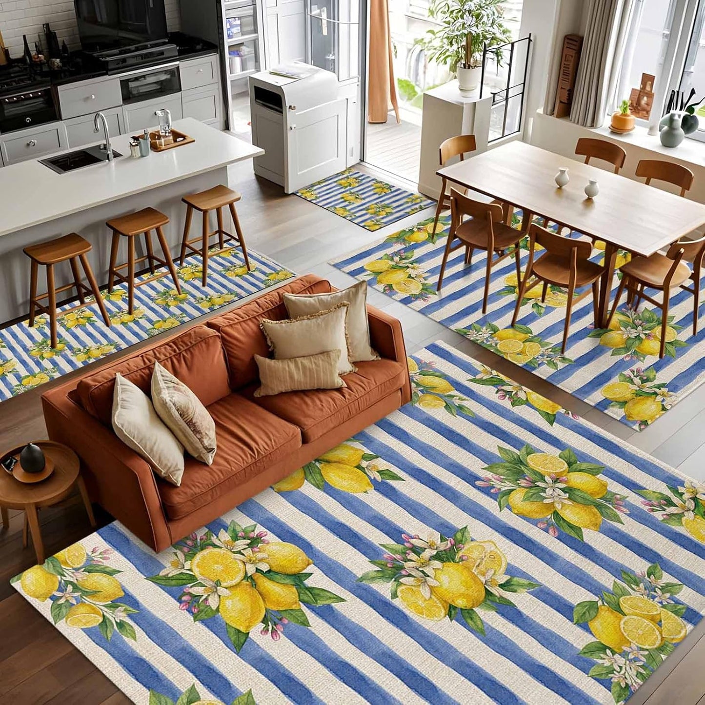 Summer Lemon Area Rug 3x5, Summer Lemon Floral Blue Stripes Linen Texture Non Slip Area Rugs for Living Room, Soft Floor Mat Washable Low Pile Carpet for Bedroom, Dining Room, Entryway