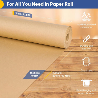 Brown Wrapping Paper Roll 17.5"x 1200"(100') | For Craft Kraft Packing Paper Birthday Gift Bulletin Board Arts Bouquet Flower Table Cover Poster Moving Supplies 70GSM 50LB