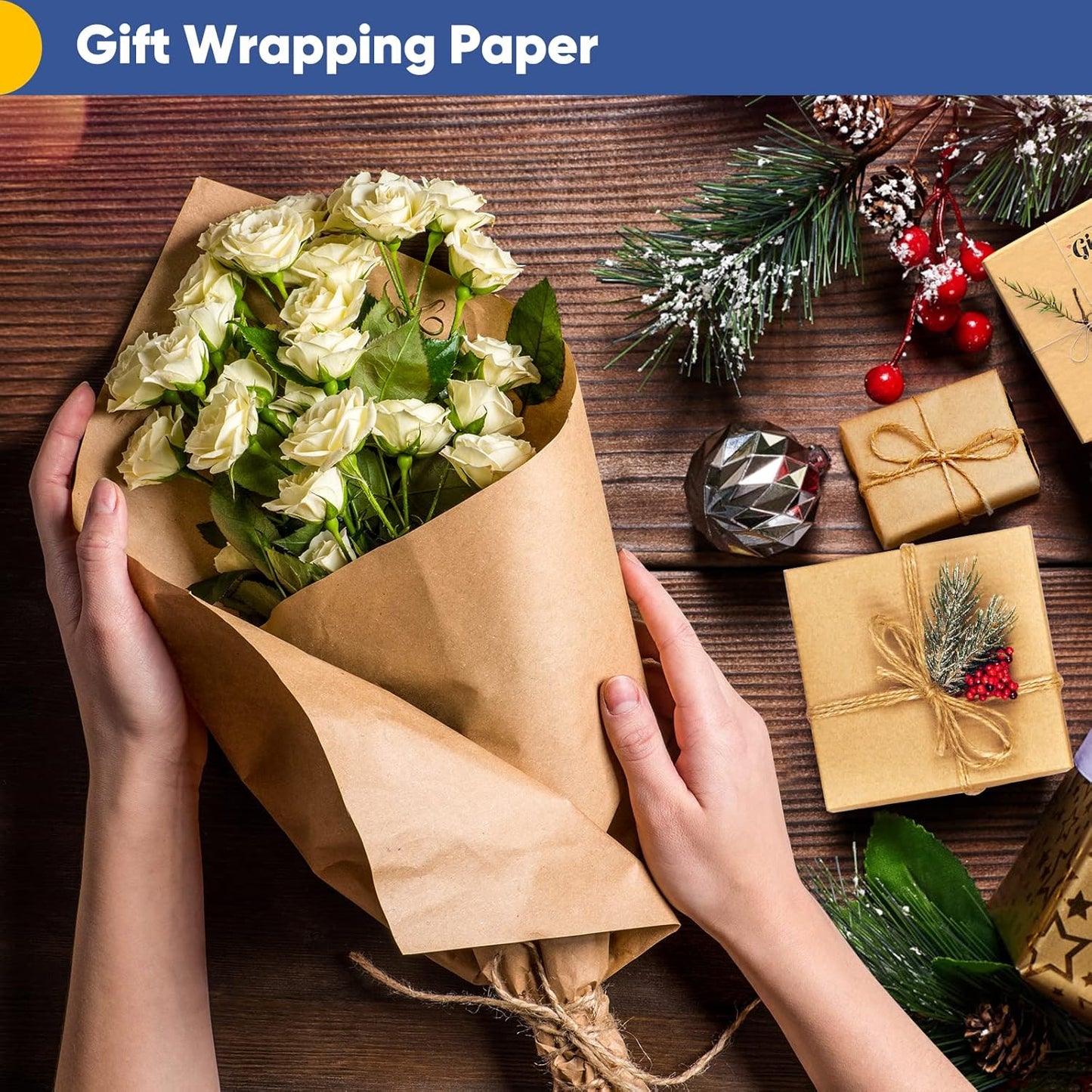 Brown Wrapping Paper Roll 17.5"x 1200"(100') | For Craft Kraft Packing Paper Birthday Gift Bulletin Board Arts Bouquet Flower Table Cover Poster Moving Supplies 70GSM 50LB