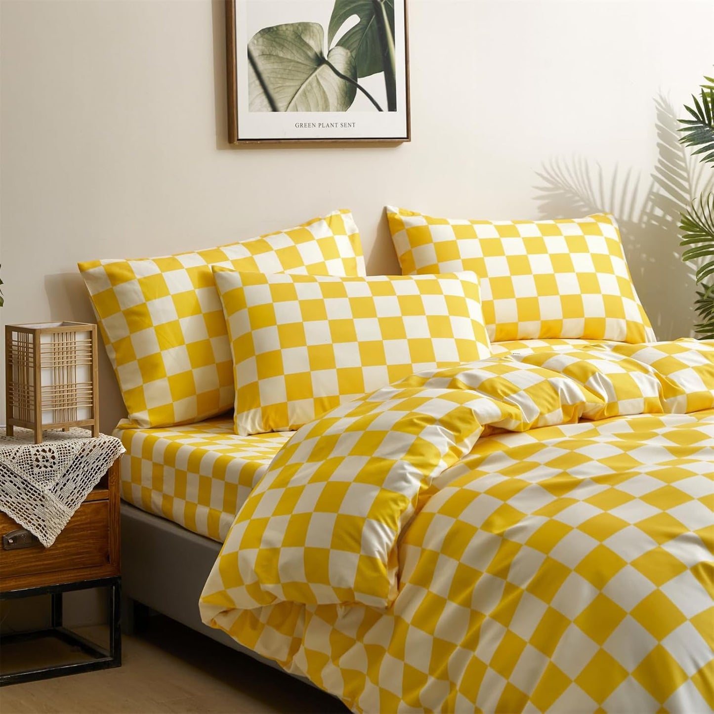 Yellow White Plaid Comforter Sets Twin Size Girls Boys Kids Light Yellow Checkerboard Dorm Bed Comforters Twin Bright Yellow Buffalo Checkered Grid Bed Quilt Soft Comfy Comforter Set Twin