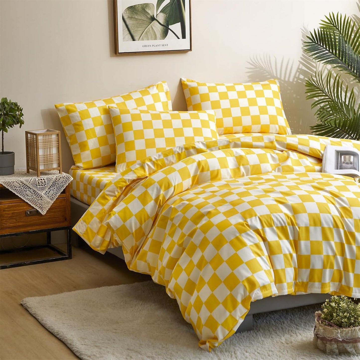 Yellow White Plaid Comforter Sets Twin Size Girls Boys Kids Light Yellow Checkerboard Dorm Bed Comforters Twin Bright Yellow Buffalo Checkered Grid Bed Quilt Soft Comfy Comforter Set Twin