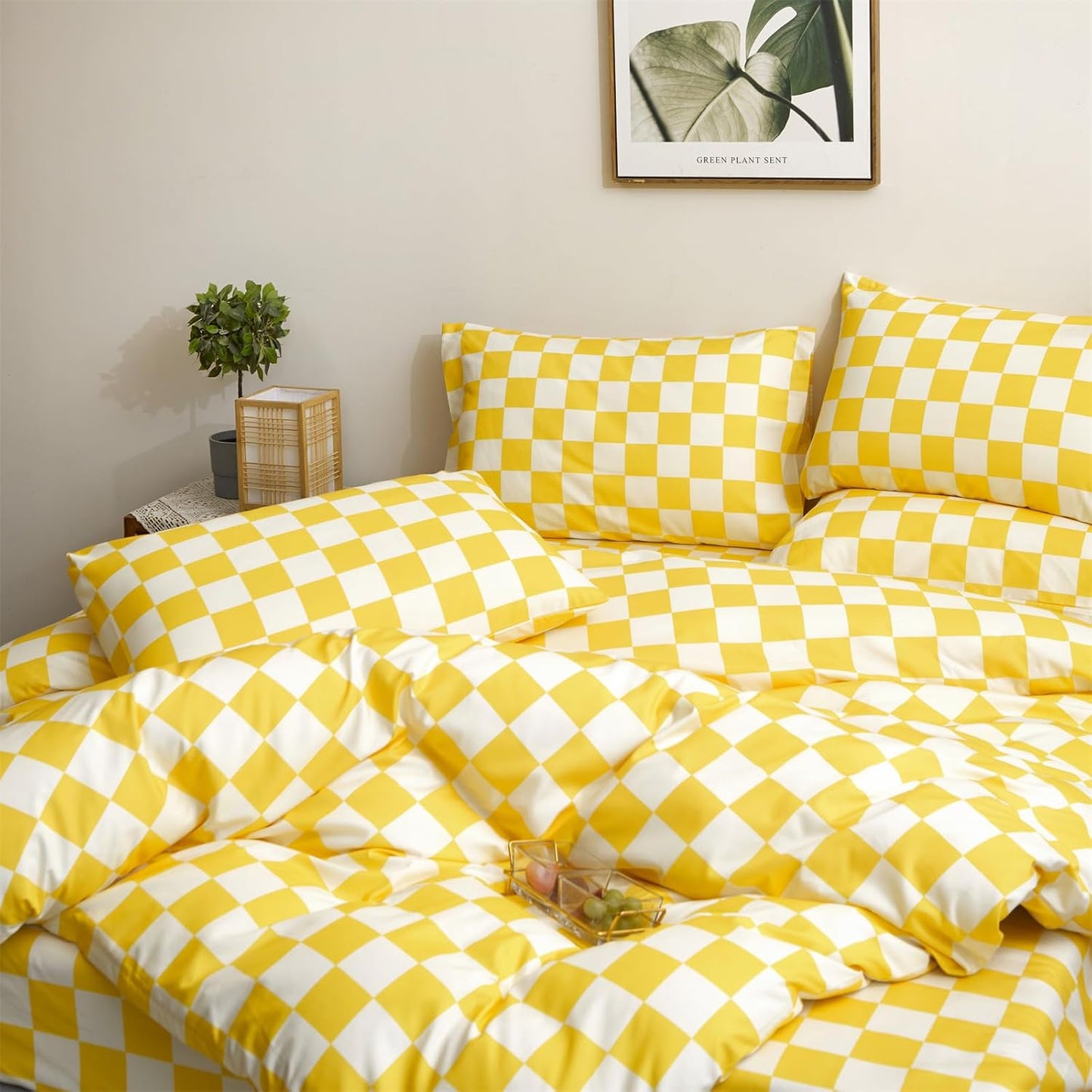 Yellow White Plaid Comforter Sets Twin Size Girls Boys Kids Light Yellow Checkerboard Dorm Bed Comforters Twin Bright Yellow Buffalo Checkered Grid Bed Quilt Soft Comfy Comforter Set Twin