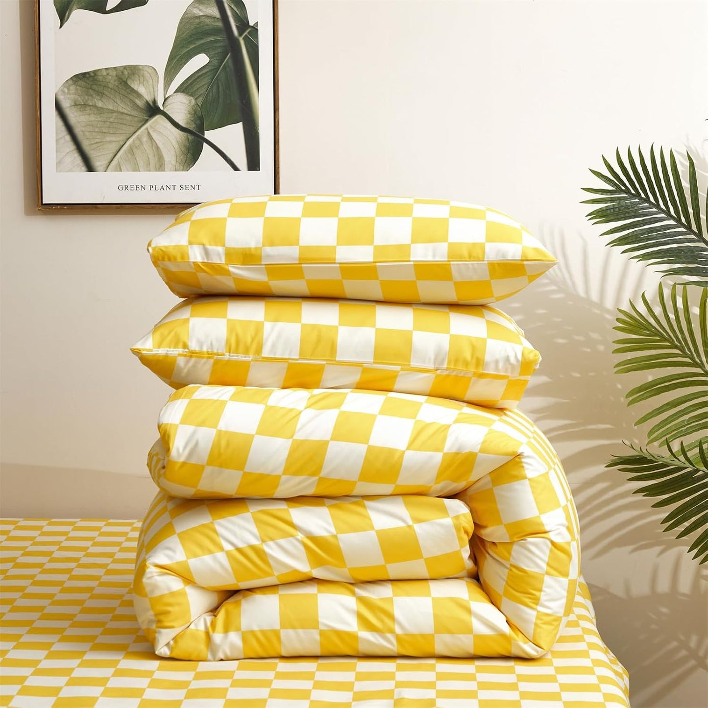 Yellow White Plaid Comforter Sets Twin Size Girls Boys Kids Light Yellow Checkerboard Dorm Bed Comforters Twin Bright Yellow Buffalo Checkered Grid Bed Quilt Soft Comfy Comforter Set Twin