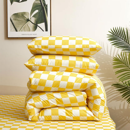 Yellow White Plaid Comforter Sets Twin Size Girls Boys Kids Light Yellow Checkerboard Dorm Bed Comforters Twin Bright Yellow Buffalo Checkered Grid Bed Quilt Soft Comfy Comforter Set Twin