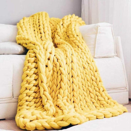 Sofa Bed Chair Throw Blanket Knit Cable Hand-Woven Arm Knit Blanket Throw Merino Wool Chunky Handmade Cotton Cable Accent Throw Blanket for Couch Bed,Yellow,60x80cm/23x31in