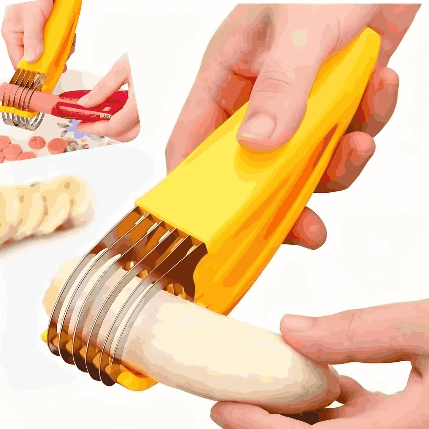 Stainless Steel Banana Slicer, 2 Pack Fruit Vegetable Sausage Cutter, Yellow Handheld Kitchen Tool for Banana, Hot Dog, Strawberry, Cucumber, Dishwasher Safe