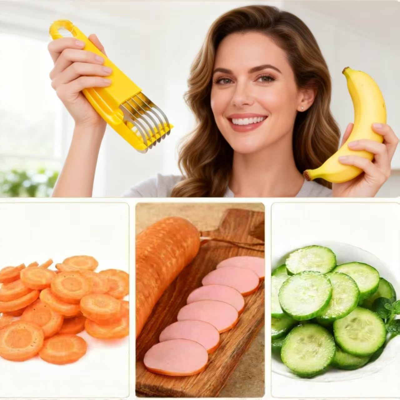 Stainless Steel Banana Slicer, 2 Pack Fruit Vegetable Sausage Cutter, Yellow Handheld Kitchen Tool for Banana, Hot Dog, Strawberry, Cucumber, Dishwasher Safe