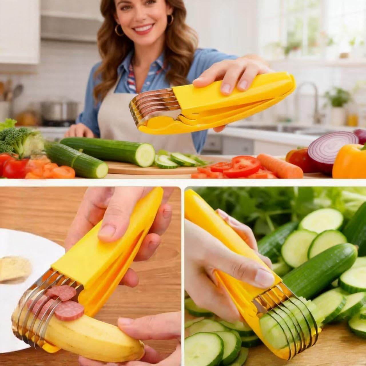 Stainless Steel Banana Slicer, 2 Pack Fruit Vegetable Sausage Cutter, Yellow Handheld Kitchen Tool for Banana, Hot Dog, Strawberry, Cucumber, Dishwasher Safe