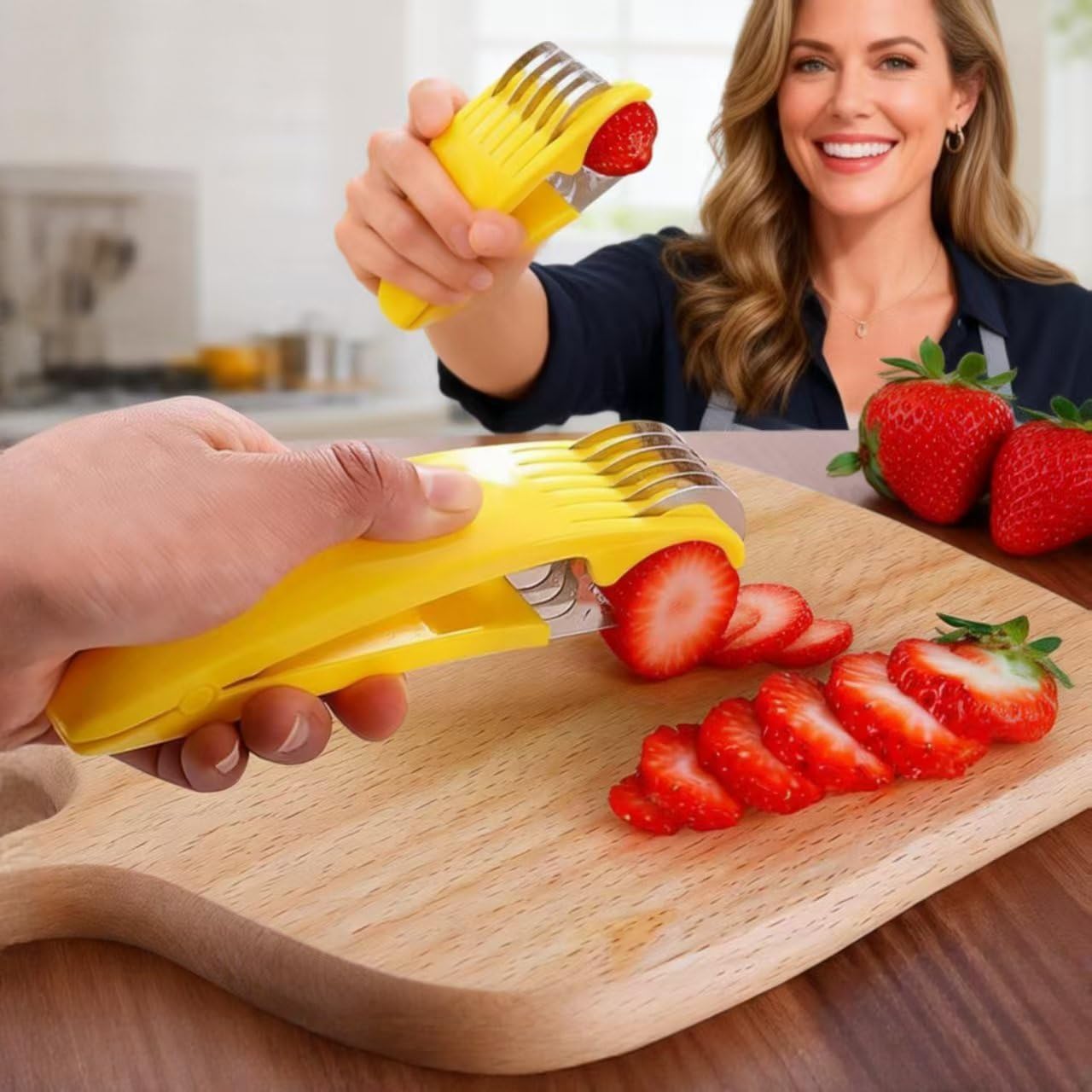 Stainless Steel Banana Slicer, 2 Pack Fruit Vegetable Sausage Cutter, Yellow Handheld Kitchen Tool for Banana, Hot Dog, Strawberry, Cucumber, Dishwasher Safe