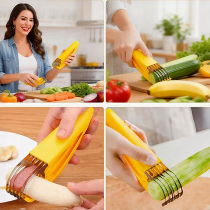 Stainless Steel Banana Slicer, 2 Pack Fruit Vegetable Sausage Cutter, Yellow Handheld Kitchen Tool for Banana, Hot Dog, Strawberry, Cucumber, Dishwasher Safe