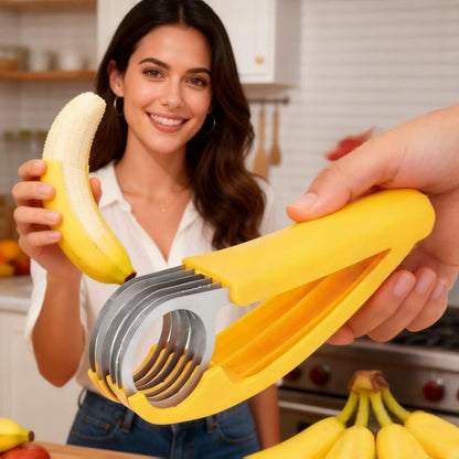 Stainless Steel Banana Slicer, 2 Pack Fruit Vegetable Sausage Cutter, Yellow Handheld Kitchen Tool for Banana, Hot Dog, Strawberry, Cucumber, Dishwasher Safe