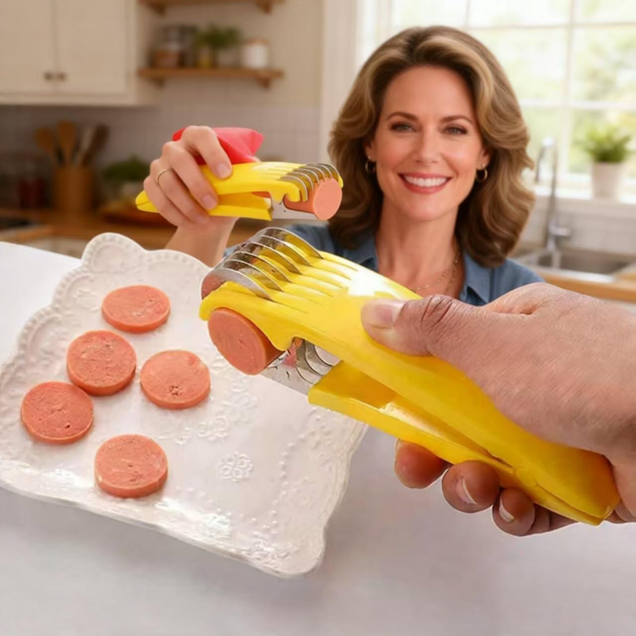 Stainless Steel Banana Slicer, 2 Pack Fruit Vegetable Sausage Cutter, Yellow Handheld Kitchen Tool for Banana, Hot Dog, Strawberry, Cucumber, Dishwasher Safe