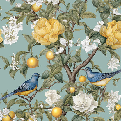 Yellow Vintage Lemon Bird Peel and Stick Wallpaper 17.5" x 118" | Waterproof Vinyl Self Adhesive Removable Renter Friendly Floral Contact Paper