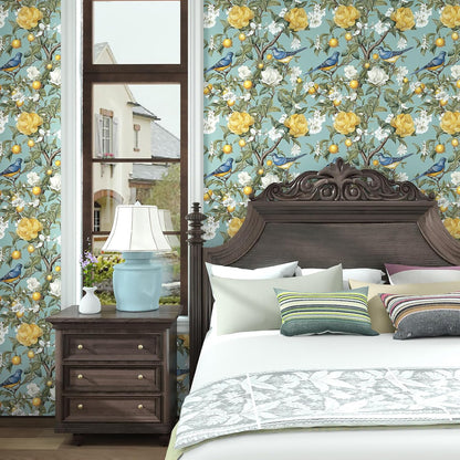 Yellow Vintage Lemon Bird Peel and Stick Wallpaper 17.5" x 118" | Waterproof Vinyl Self Adhesive Removable Renter Friendly Floral Contact Paper