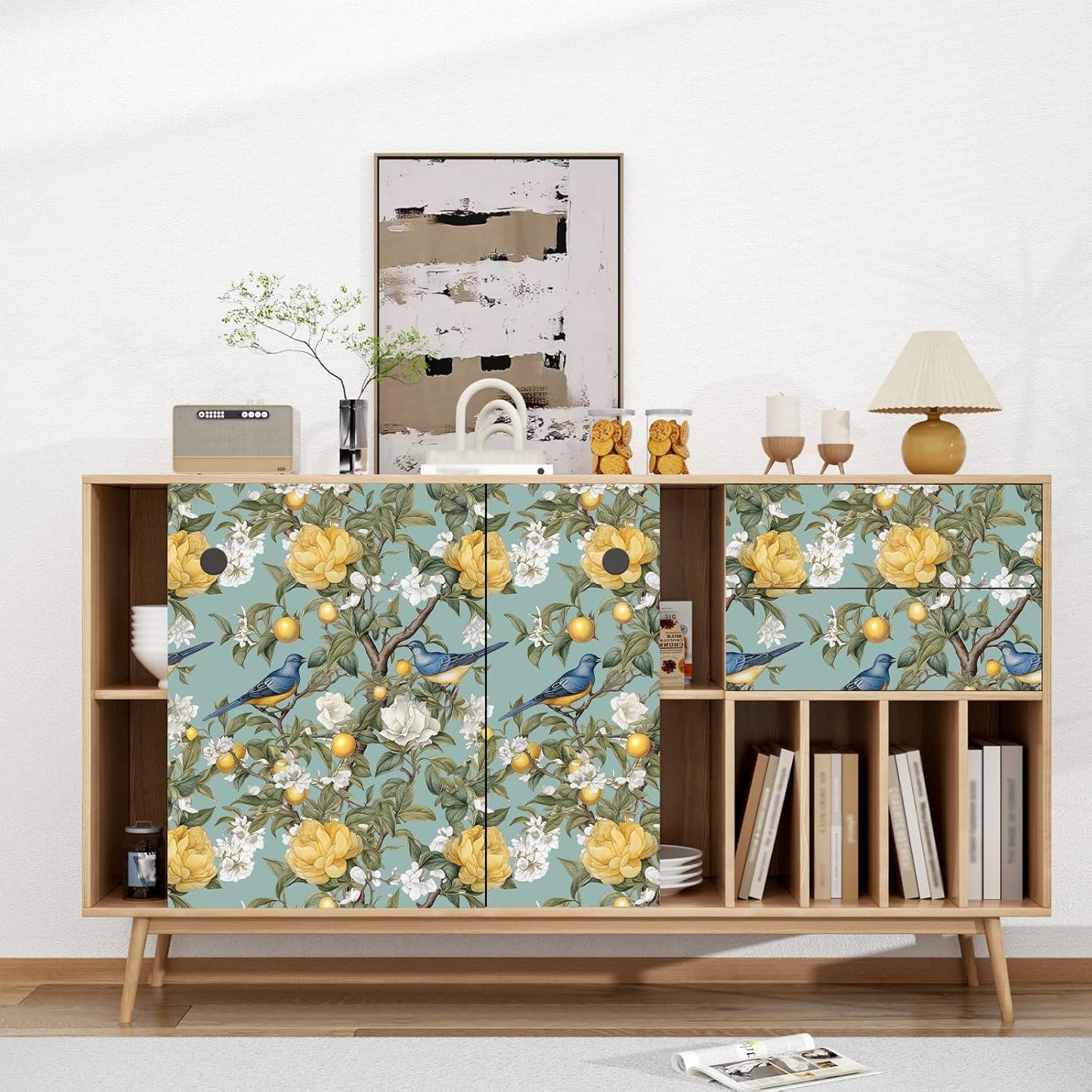 Yellow Vintage Lemon Bird Peel and Stick Wallpaper 17.5" x 118" | Waterproof Vinyl Self Adhesive Removable Renter Friendly Floral Contact Paper