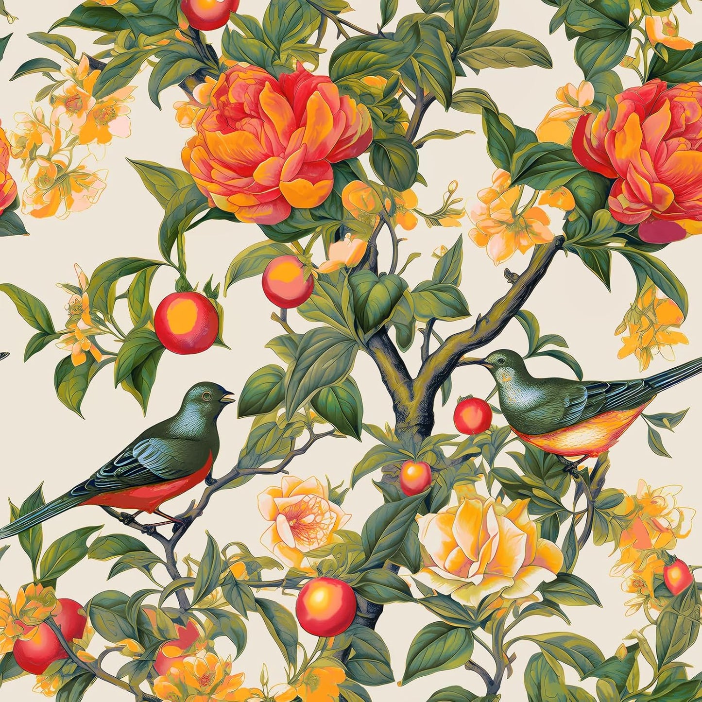Yellow Vintage Lemon Bird Peel and Stick Wallpaper 17.5" x 118" | Waterproof Vinyl Self Adhesive Removable Renter Friendly Floral Contact Paper