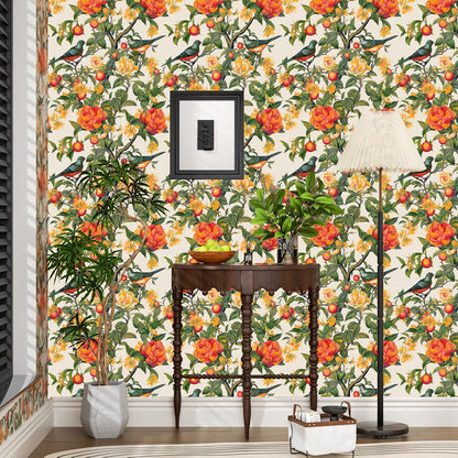 Yellow Vintage Lemon Bird Peel and Stick Wallpaper 17.5" x 118" | Waterproof Vinyl Self Adhesive Removable Renter Friendly Floral Contact Paper
