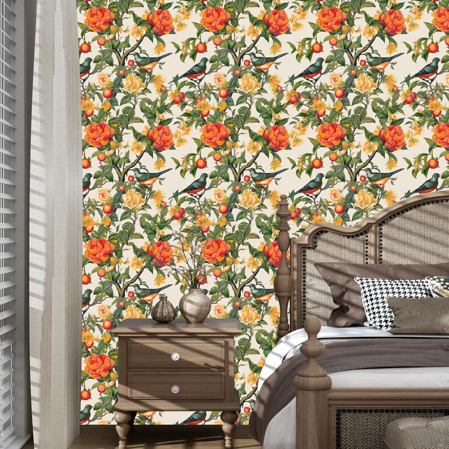 Yellow Vintage Lemon Bird Peel and Stick Wallpaper 17.5" x 118" | Waterproof Vinyl Self Adhesive Removable Renter Friendly Floral Contact Paper