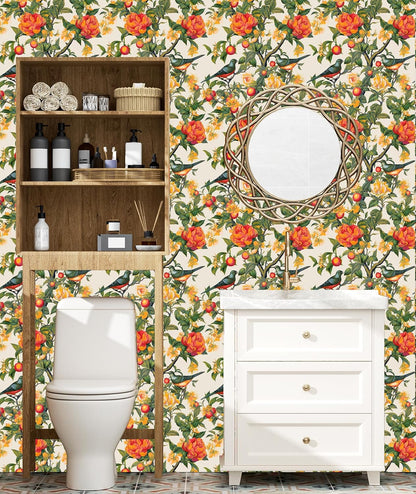 Yellow Vintage Lemon Bird Peel and Stick Wallpaper 17.5" x 118" | Waterproof Vinyl Self Adhesive Removable Renter Friendly Floral Contact Paper