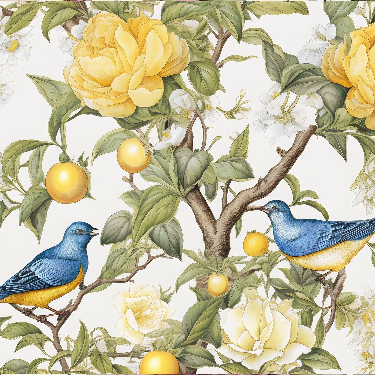 Yellow Vintage Lemon Bird Peel and Stick Wallpaper 17.5" x 118" | Waterproof Vinyl Self Adhesive Removable Renter Friendly Floral Contact Paper