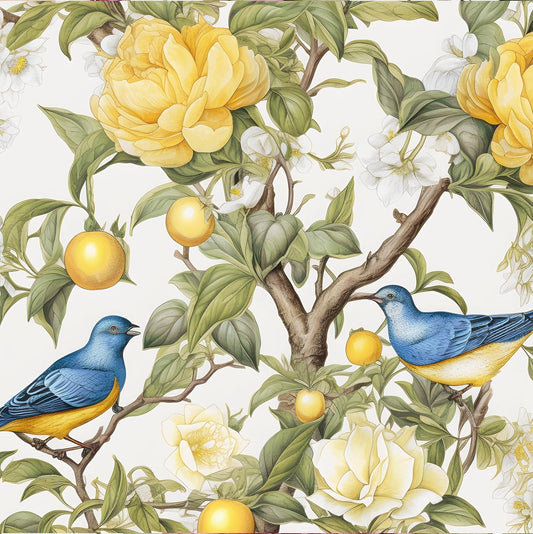 Yellow Vintage Lemon Bird Peel and Stick Wallpaper 17.5" x 118" | Waterproof Vinyl Self Adhesive Removable Renter Friendly Floral Contact Paper