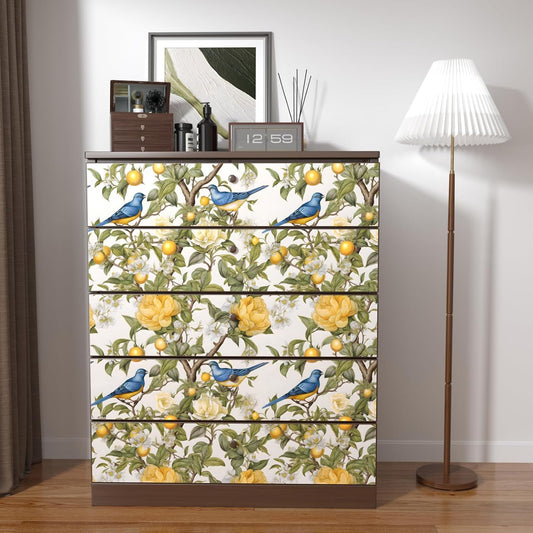 Yellow Vintage Lemon Bird Peel and Stick Wallpaper 17.5" x 118" | Waterproof Vinyl Self Adhesive Removable Renter Friendly Floral Contact Paper