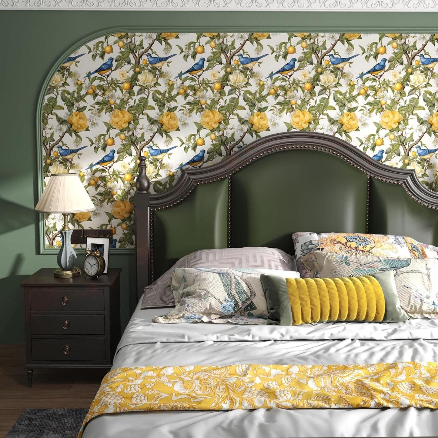 Yellow Vintage Lemon Bird Peel and Stick Wallpaper 17.5" x 118" | Waterproof Vinyl Self Adhesive Removable Renter Friendly Floral Contact Paper